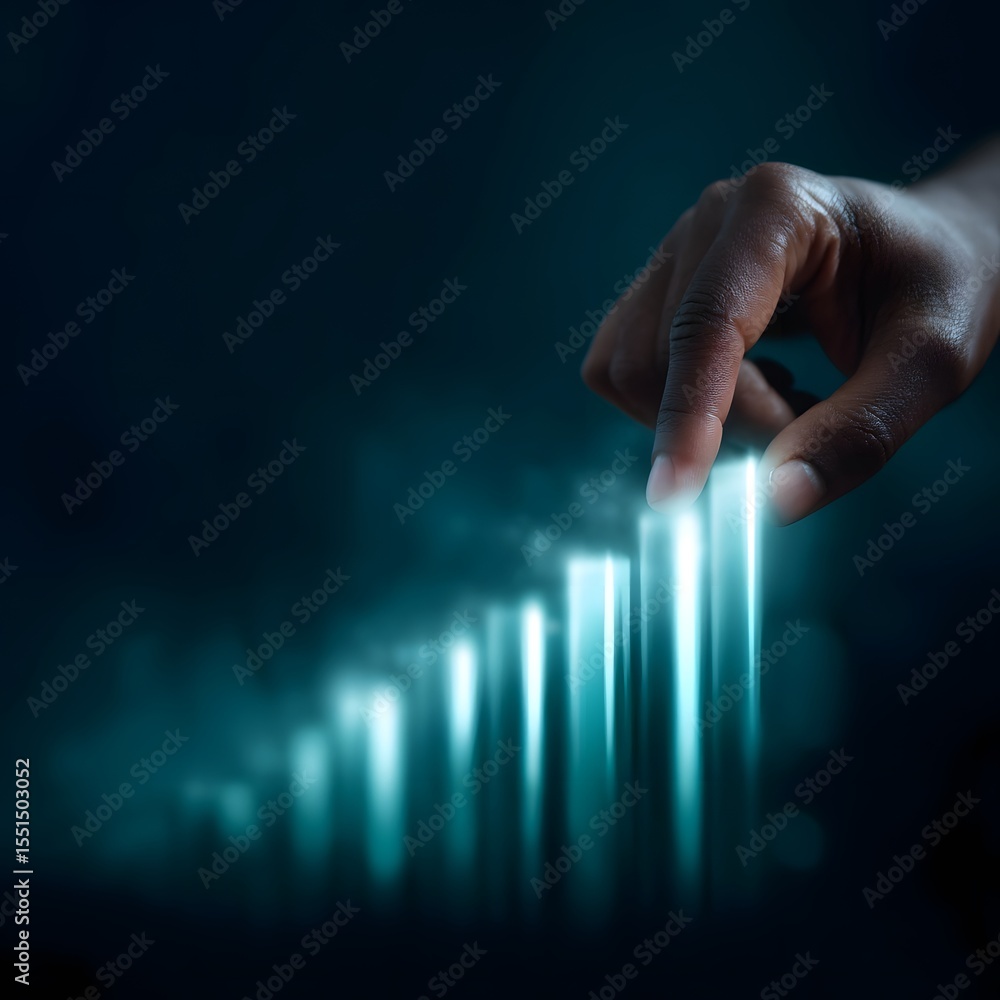 Poster hand dragging price levels on a glowing 3d chart with light trails