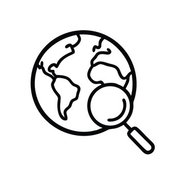 World globe search icon for global research and international business exploration and discovery tool