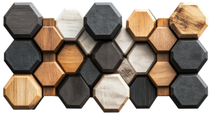 Stacked hexagonal blocks with textured finish creating geometric pattern and depth in modern arrangement isolated on white background