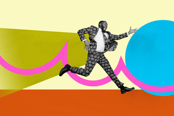 Full 3d poster art photo collage of happy businesswoman businessman run geometric figure...