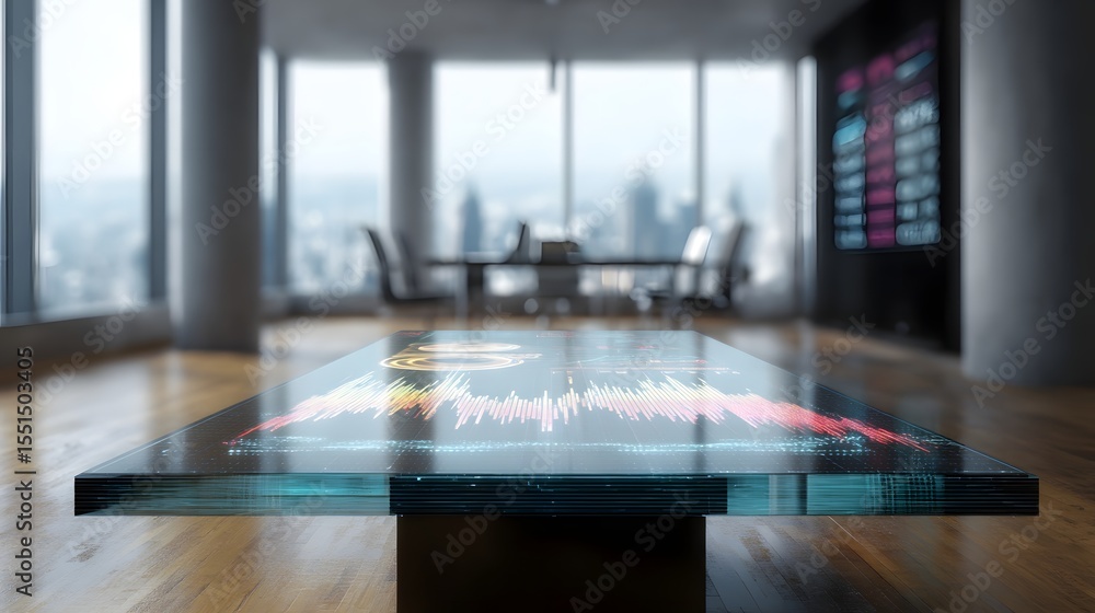 Poster a modern office with a digital interface hovering over a glass table displaying a market heatmap lon