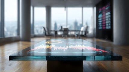 A modern office with a digital interface hovering over a glass table displaying a market heatmap  long title A sleek and sophisticated office setting