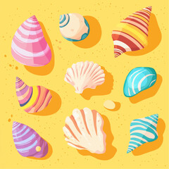 Flat vector background of naive cartoon seashells on yellow sand, ideal for children’s design, summer prints and packaging