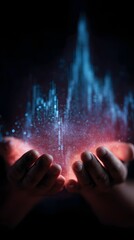 Hands interacting with a digital chart hologram
