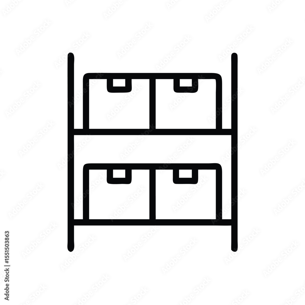 Poster shelf with boxes storage unit icon for organization and home decor needs in a minimalist outline des