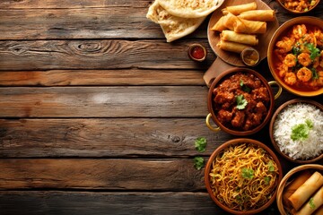 Overhead shot of indian food on wooden table with naan, curry, and spring rolls