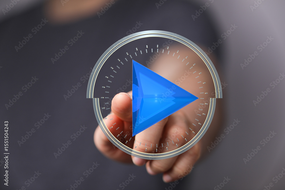 Poster Abstract image of a hand pressing a play button on a futuristic technology interface.