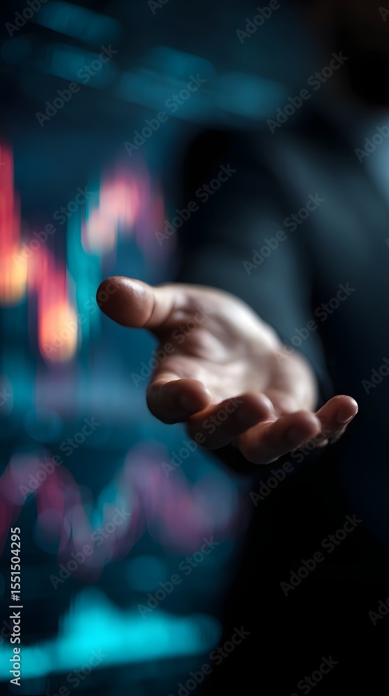 Poster trader s hand gesturing over a digital financial dashboard