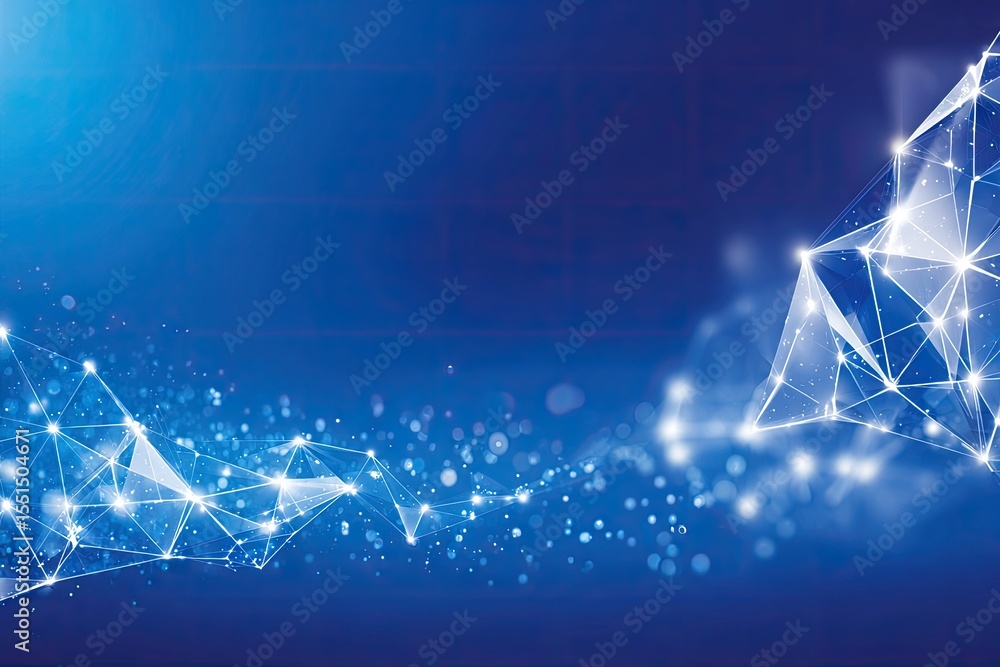 Poster abstract digital network graphic. deep blue background with light white network shapes and particles