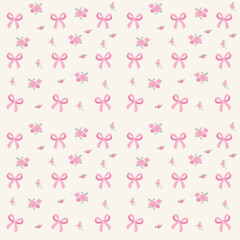 Coquette Ribbon Flower Seamless Pattern.Cute Girly Bow and Floral Pastel Background Design