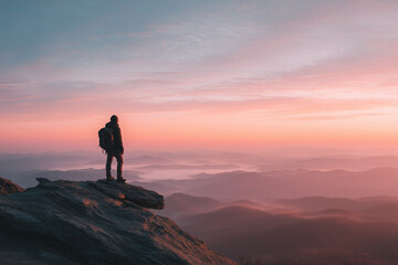 Obraz premium Lone traveler standing on cliff edge overlooking mountain landscape at sunrise