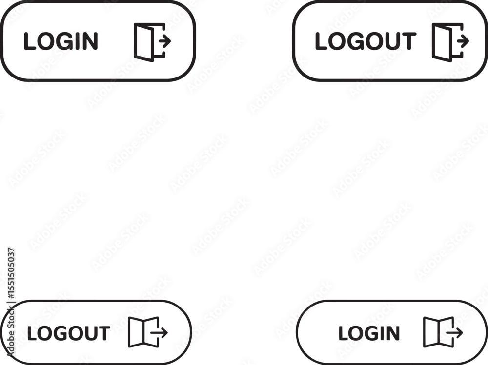 Fototapete set of four rounded rectangle buttons with login and logout text and icons silhouette