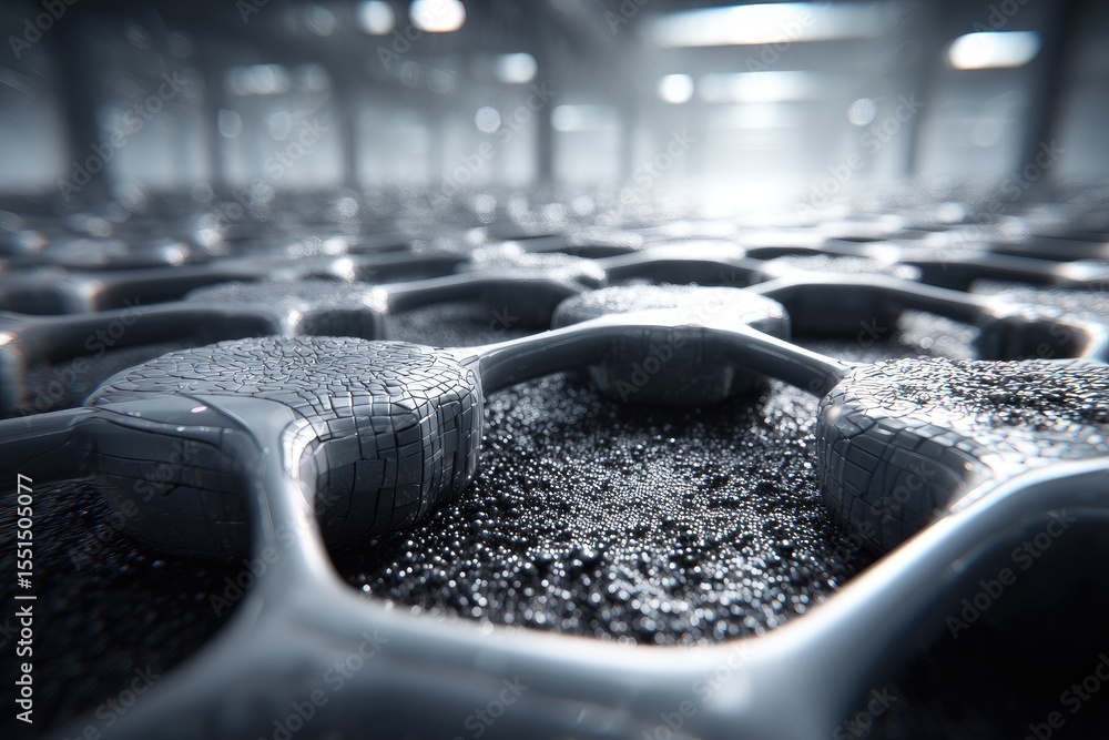 Poster abstract metallic grid structure. close-up view of intricate, hexagonal shapes, interconnected and t