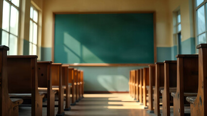 Intricate School Interior Depicting Opposite Benches and a Central Blackboard Captured with a Low-Angle Perspective Emphasizing Authentic Traditional Design