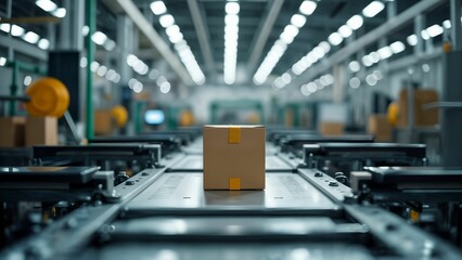 High-Tech Industrial Scene with Coordinated Machinery and a Centrally Emphasized Packaging Box Illuminating Precise Workflow