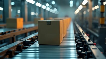Imaginative Depiction of a Mechanized Packaging Production Line with a Centered Box Under Brilliant Industrial Illumination