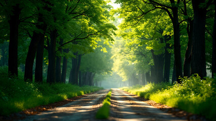 Enchanted Forest Road with Symmetrical Lush Trees Creating a Rustic and Serene Natural Passage