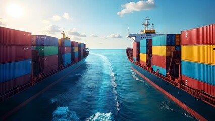 Intricate depiction of a container ship flanked by colorful containers and a deep blue ocean view.