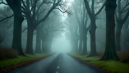 Serene Forest Landscape with Majestic Ancient Trees and a Fog-Enhanced Roadway Creating a Mystical Atmosphere
