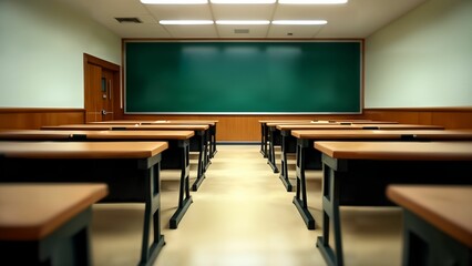 Dynamic Low-Angle Classroom View with Emphasized Bench Arrangement and a Crisp, Central Blackboard Creating Depth and Visual Storytelling in an Educational Setting