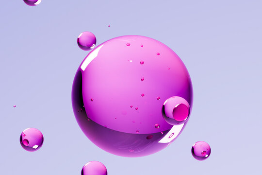 3D rendering of abstract purple glass bubbles floating in a minimalist design