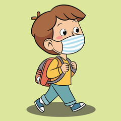 Cute boy go to school wearing a medical mask cartoon vector illustration