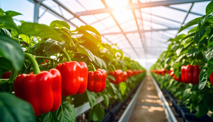 red sweet pepper in a greenhouse