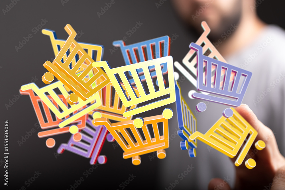Aufkleber image of multiple colorful 3d shopping carts, symbolizing online shopping and e-commerce.
