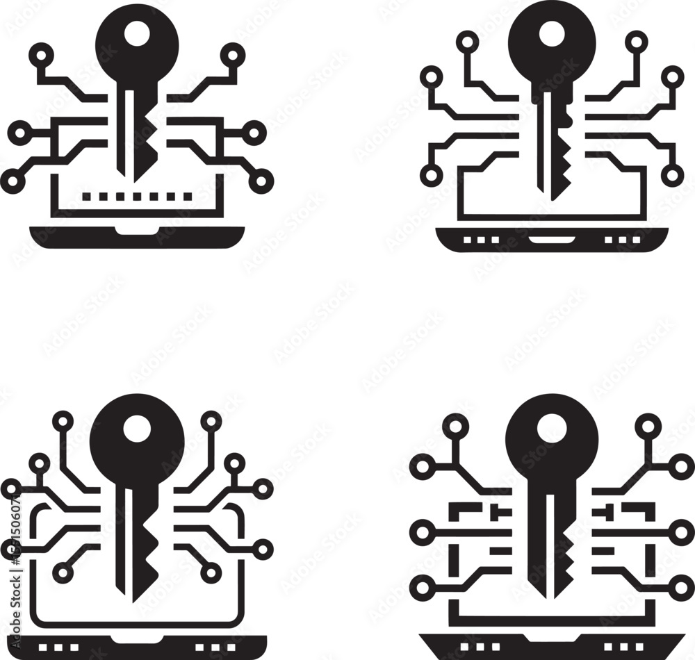 Poster digital key unlocking laptop with circuit board connections data security concept silhouette