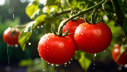 red tomatoes on  a branch after rain