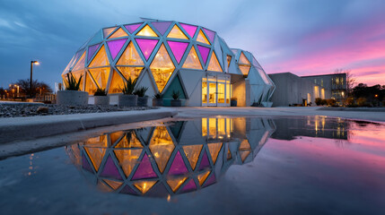 Triangular glass dome building reflecting sunset colors and lights in water