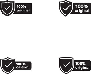 Set of four 100 percent original guarantee badges with shield and check mark silhouette