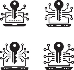 Digital key unlocking laptop with circuit board connections data security concept silhouette