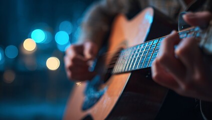 The hands of a young musician playing an acoustic guitar with metal strings close-up with a blurred background