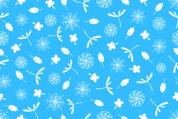 Pastel Christmas winter seamless pattern, snowflake, clover leaf, flower, for wrapping paper, fabric, background, clothes, book cover