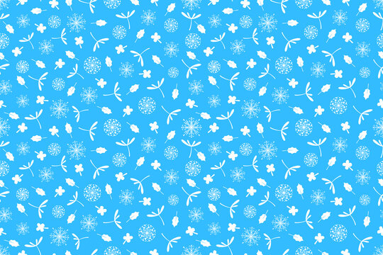 Pastel Christmas winter seamless pattern, snowflake, clover leaf, flower, for wrapping paper, fabric, background, clothes, book cover