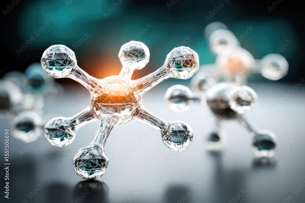 Poster abstract 3d render of intricate molecular structures. complex, translucent, polygonal molecules floa