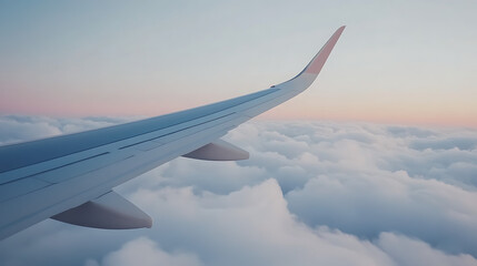 Obraz premium Airplane wing flying above clouds at sunset
