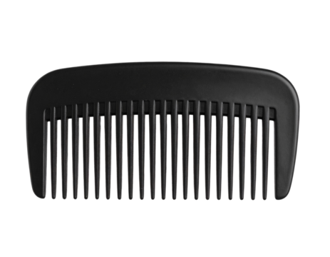 Classic Black Hair Comb with Evenly Spaced Teeth, Flat Lay Top View, isolated on transparent background