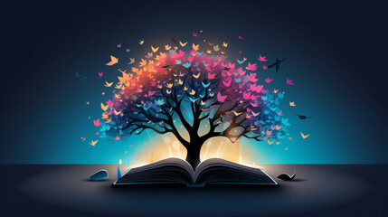 Silhouette vector of a single tree with glowing bioluminescent fruit and floating open-book-shaped leaves against a soft gradient sky; symbolizes knowledge, growth