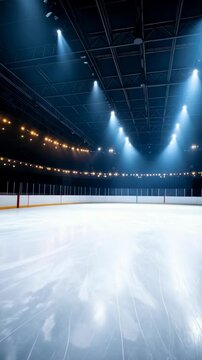 A view of an empty ice rink arena with bright overhead spotlights and white dasher boards around the playing surface.