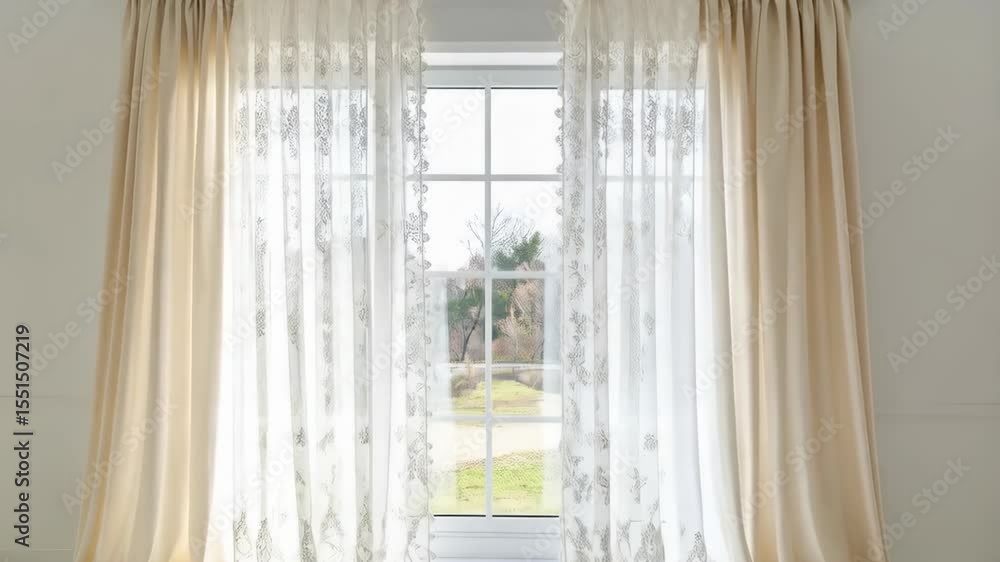 Poster bright interior scene featuring double curtains framing a window with light shining into a room with