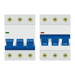 Realistic electrical 3-pole circuit breaker switches in On and Off positions
