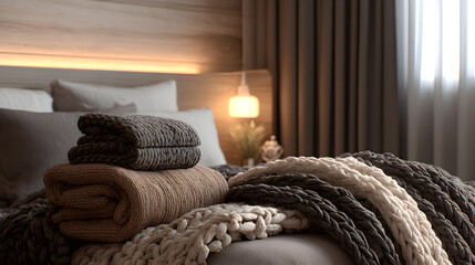 Tidy bed and folded blankets in modern cozy bedroom