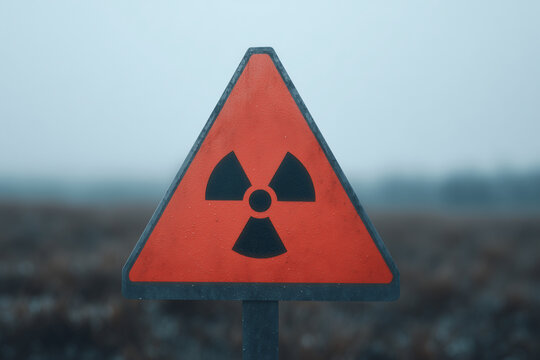 Round radioactive hazard sign with red and black trefoil symbol, warning of nuclear radiation danger, toxic contamination, ionizing exposure risk.