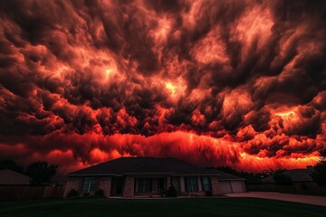 Apocalyptic storm clouds glowing red above suburban house with intense dramatic sky at dusk