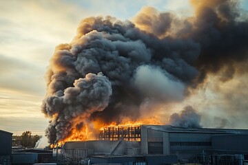 Industrial warehouse engulfed in massive flames and smoke during a dramatic sunset fire emergency