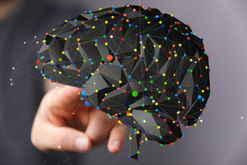 3D brain model.  Network, AI, technology, data, innovation concept.