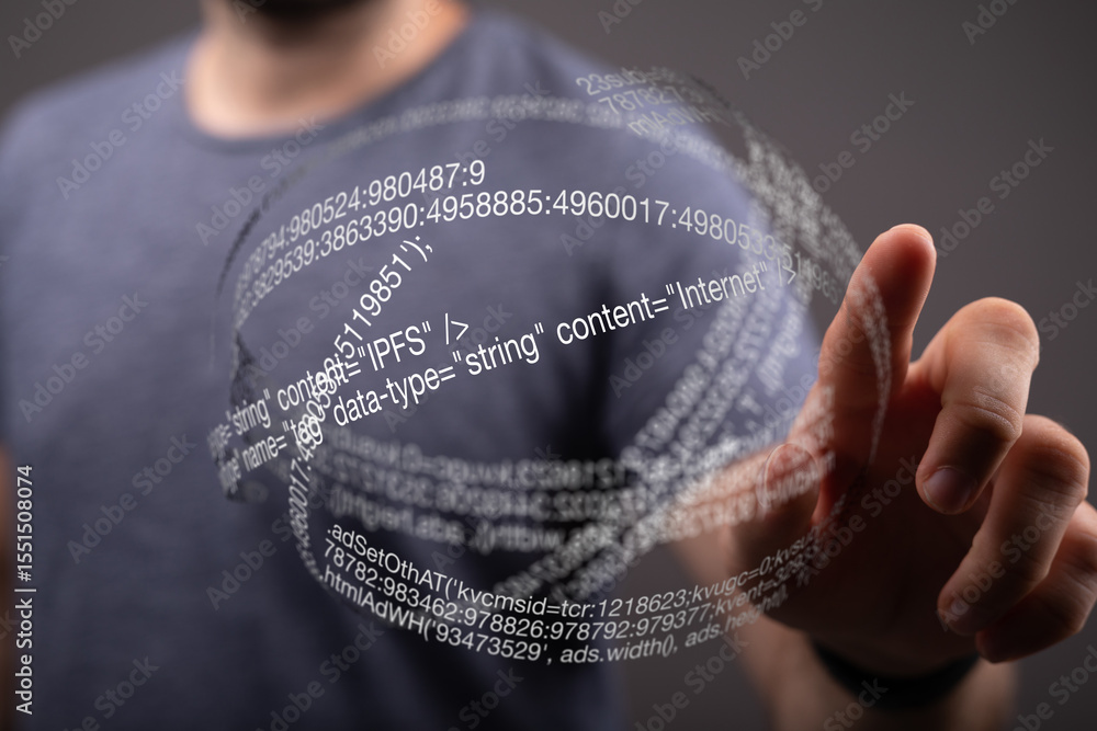 Aufkleber Person touching a futuristic digital interface with lines of code.