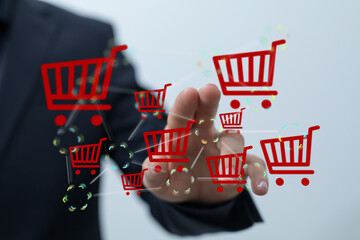 Person interacting with digital shopping carts, illustrating online retail and e-commerce.